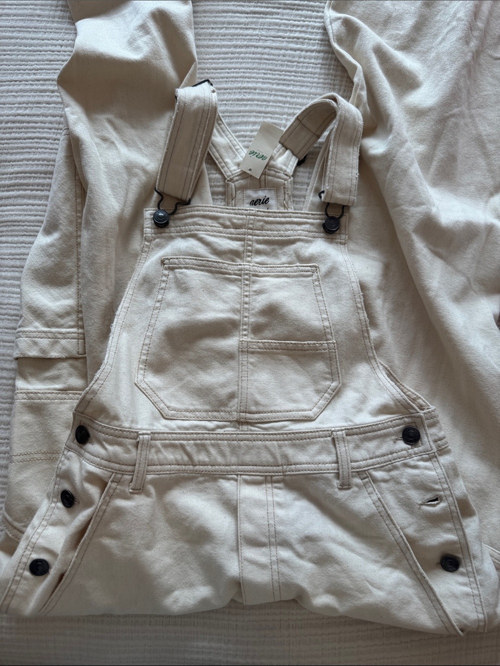 aerie Cream Cotton Overalls with Adjustable Straps